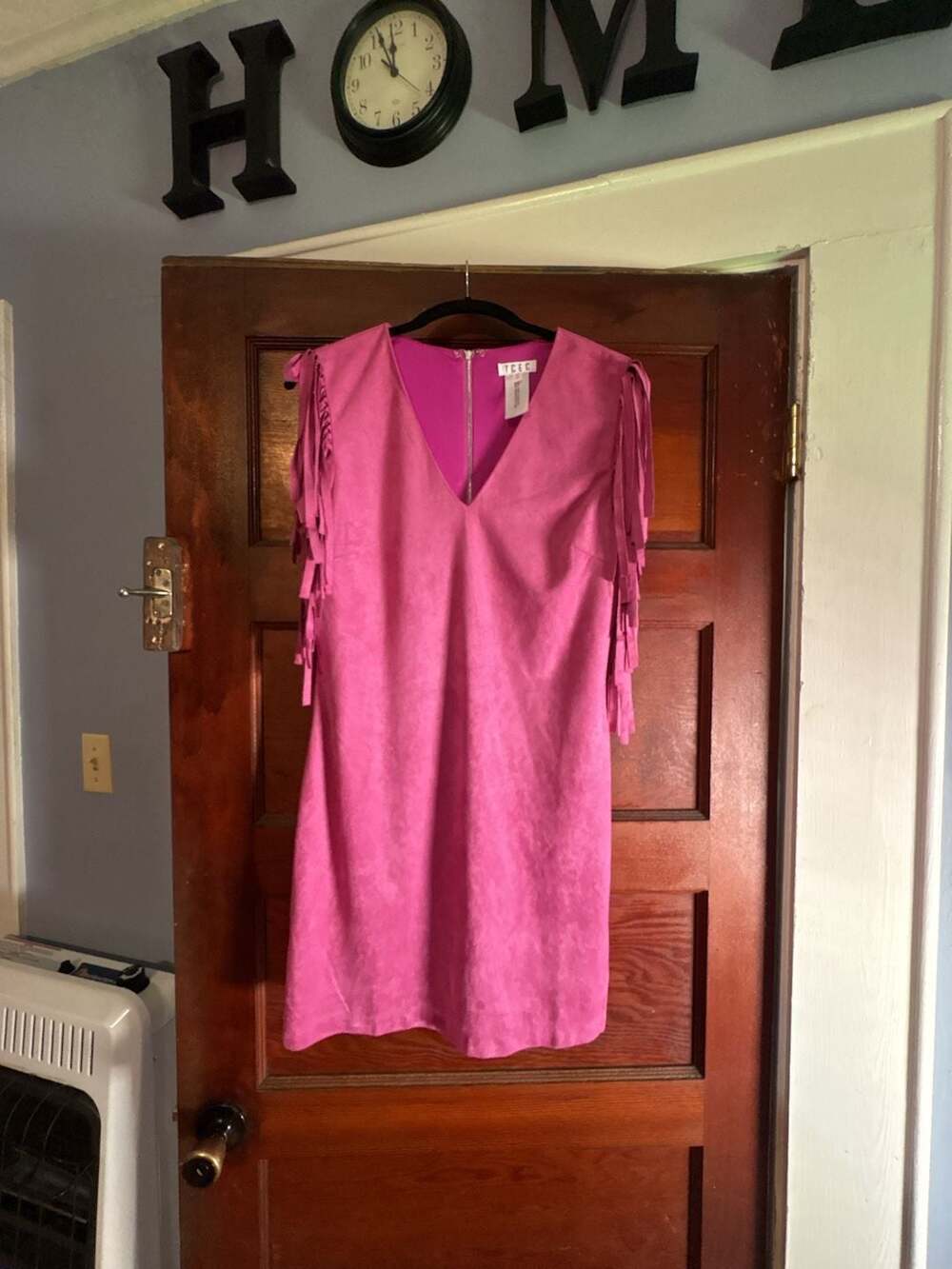 TCEC Women's Pink Faux Suede Fringe Sleeveless Dress Size L